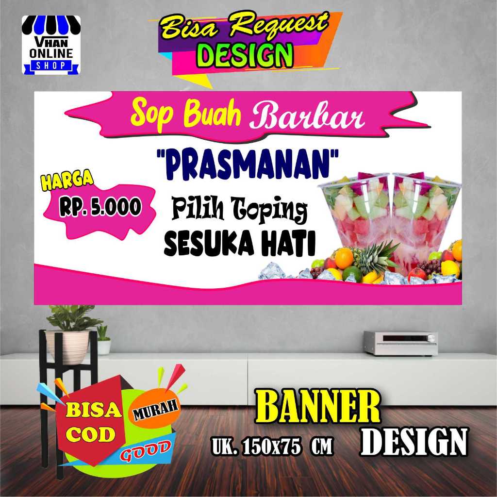 Spanduk Banner Backdrop Es Buah Prasmanan Model Nyamping, Es Buah Viral Keren, Murah