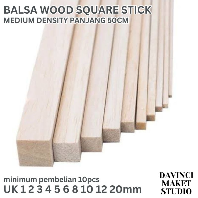 Balsa Wood Square Stick - Stik Kayu Balsa Kotak Persegi Balok 1mm 2mm 3mm 4mm 5mm 6mm 8mm 10mm 12mm 20mm x 50cm