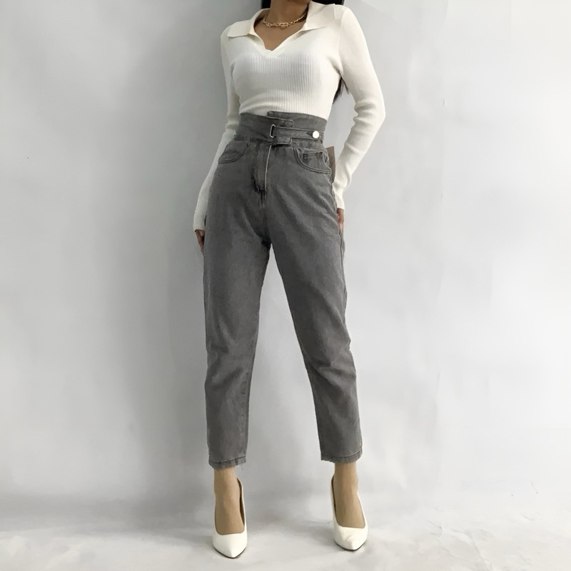 Addin - Celana D46 Jeans Highwaist Boyfrend Pinggang Tali