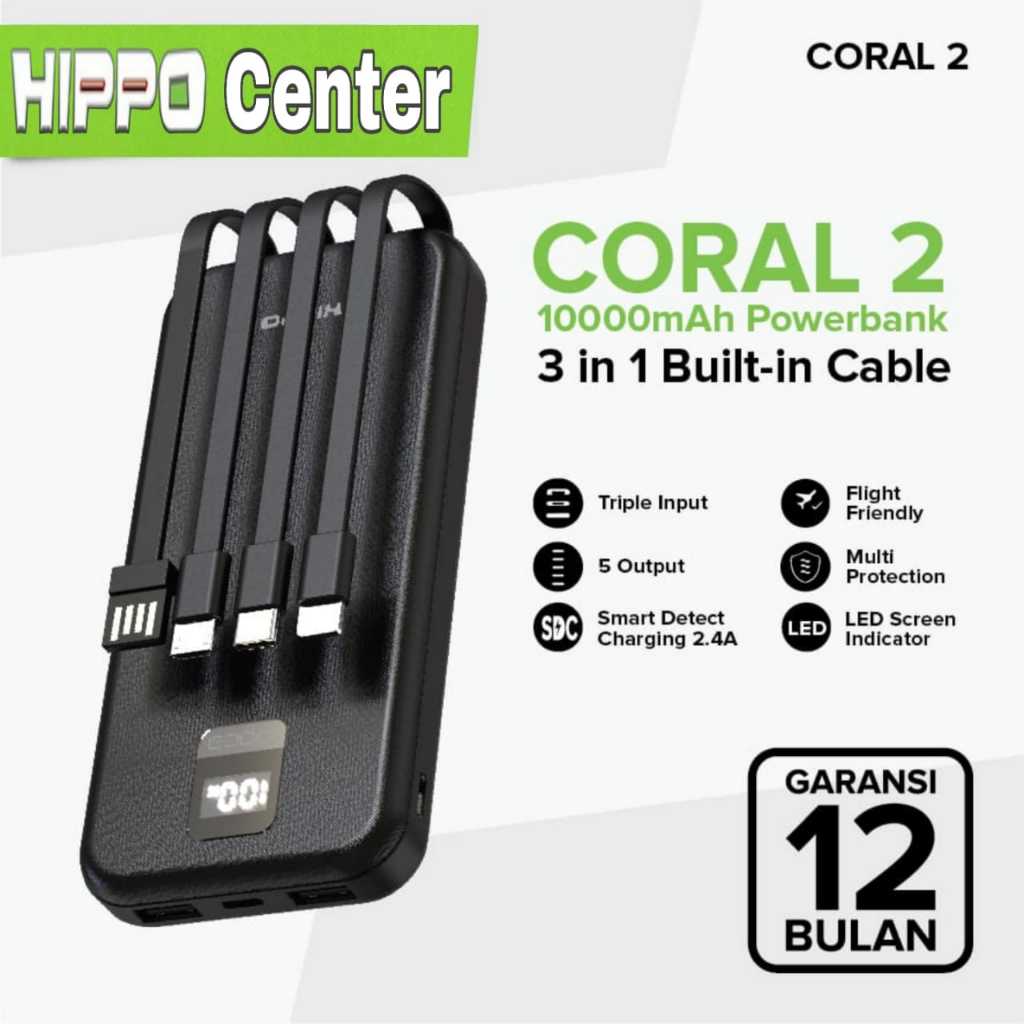 Hippo Power Bank CORAL 2 10000MAH 3 in 1 Kabel Built in Smart Detect Charger