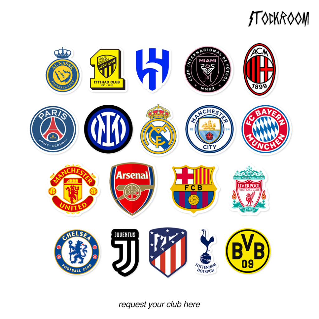 

STICKER LOGO KLUB SEPAK BOLA / FOOTBALL EDITION / STICKER / STIKER LIGA CHAMPIONS / STIKER BARCELONA/ STIKER MANCHESTER UNITED / BOLA / ARSENAL / BAYERN MUNCHEN / PSG / EMYU / AL NASSR / NEYMAR / MESSI / RONALDO / SIIUU / REAL MADRID / LIGA CHAMPIONS