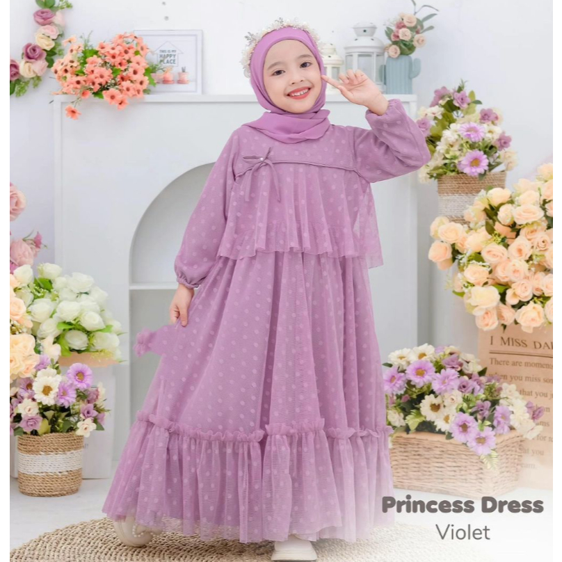 Princess Dress Kids Bahan Syakila Mix Tile Dot Baju Muslim Anak Perempuan Murah Gamis Anak Masa Kini