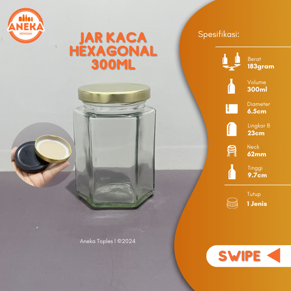 JAR KACA HEXAGONAL 300ML/TOPLES KACA KOTAK 300ML/TOPLES KACA SELAI 300ML