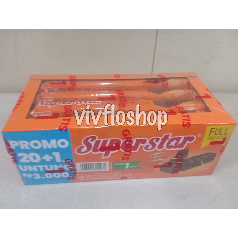 

Wafer Superstar (Superman) Triple Chocolate Kemasan Box (20 x 16 gram)