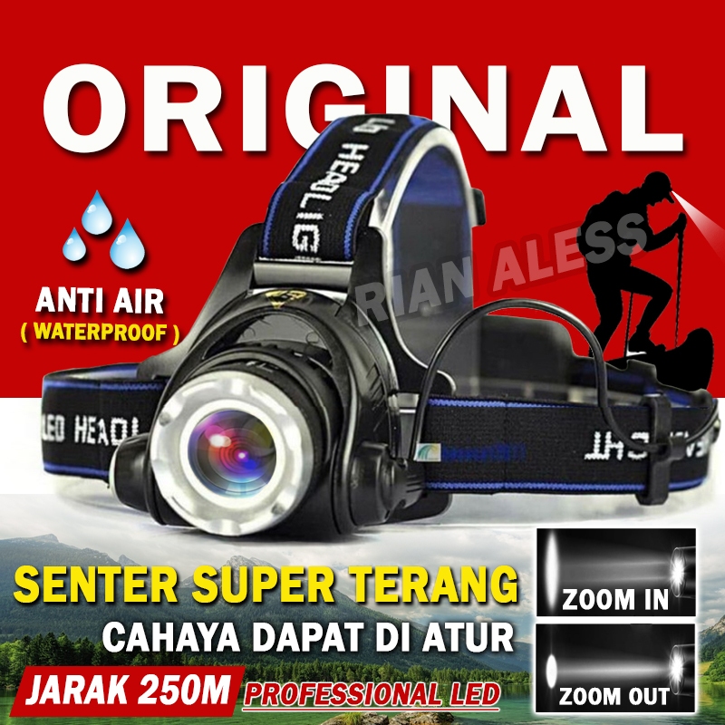 Senter Led Kepala Super Terang Anti Air Waterproof ORI Lampu Senter Sentar Kepala Led Paling Super T