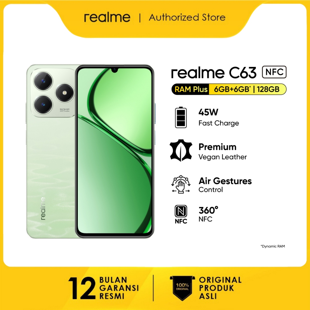 realme C63 6GB+6GB* | 128GB 45W Fast Charge| 5000mAh Durable Battery | AI Boost Engine | 90Hz Eye Comfort Display |  50MP AI Camera-Jade Green