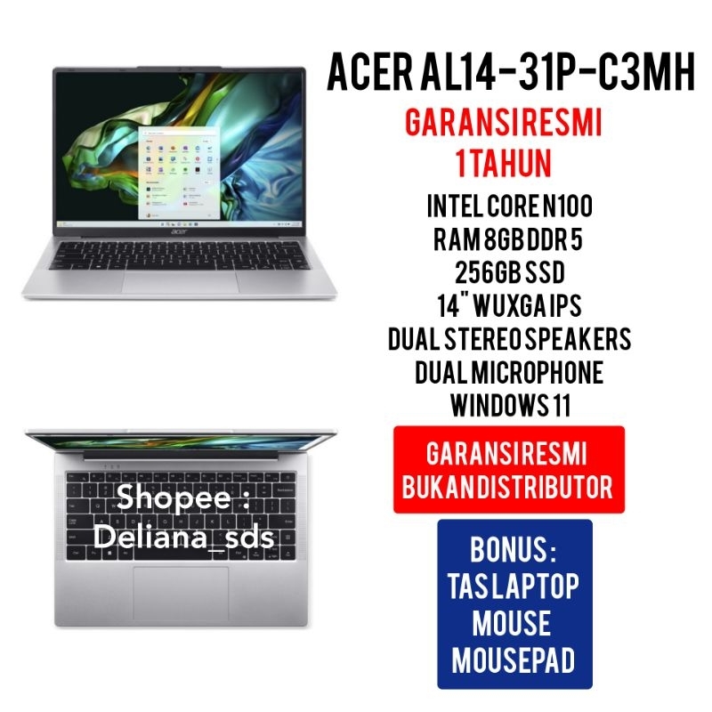 Laptop Acer AL14-31P-C3MH Intel Core N100 8GB/256GB SSD Garansi Resmi 1 Tahun Laptop Acer AL14 31P C