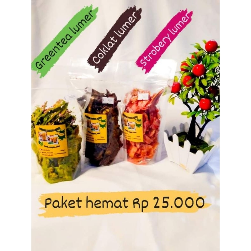 

Paket hemat keripik pisang Greetea,coklat,strobery lumer jatar