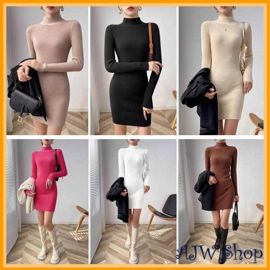 TERLARIZZZ AJW Mini Dress Turtleneck Wanita Knit Import Premium SAT  Dress Korean Style Turtleneck K