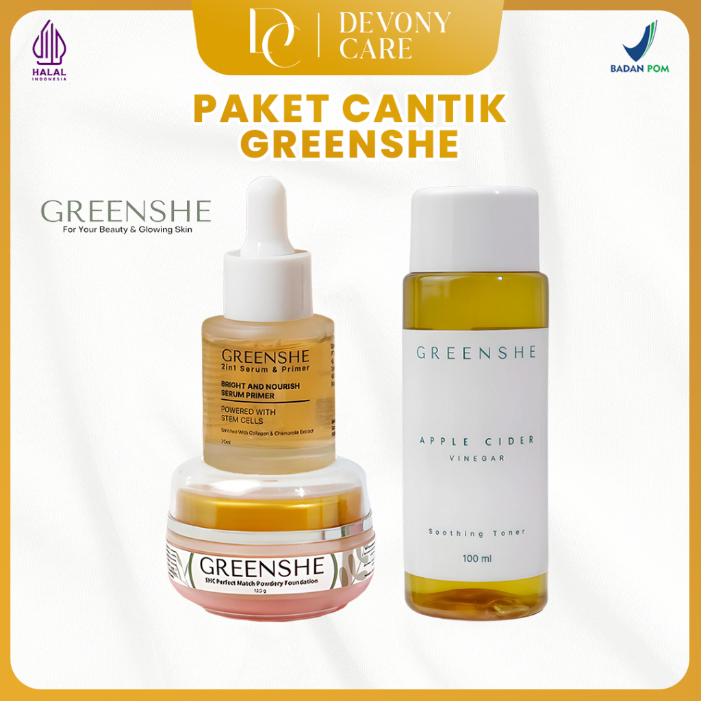 Skincare Paket Cantik Greenshe Toner Cuka Apel Serum Primer Bedak SHC Pencerah Wajah Wanita