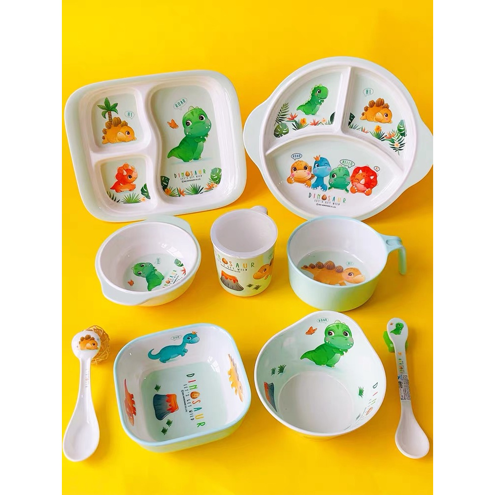 Alat Makan Anak Set 4 in 1 Bahan Premium Melamin Piring Makan Bayi Karakter Dino Nailong Gelas Mangk