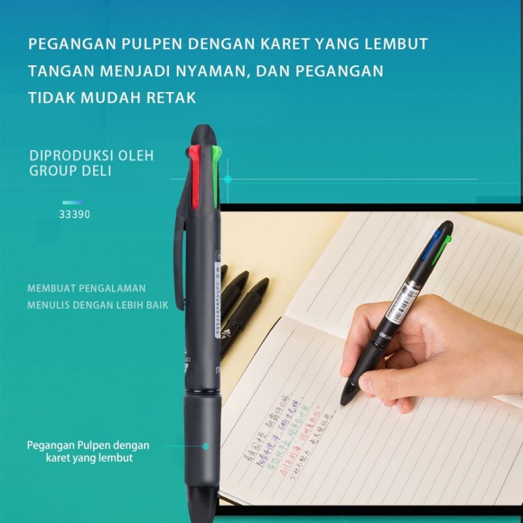 

DELI Pack Pulpen 4 Warna 0.7mm Multifungsi, Hitam Biru Merah Hijau 33390