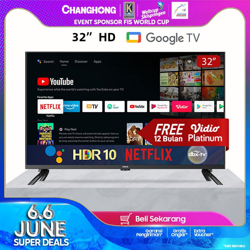 【Google TV】CHiQ 32 inch Smart TV HDR10+DBX Dolby Audio Google Assistant Netflix Youtube Digital TV (L32G7P)