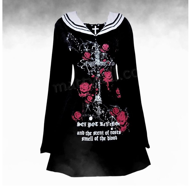 Sexpot Gothic Dress cotton Fabric Abstract Print Sailor Fuku Subculture Gothic Dress in black print 