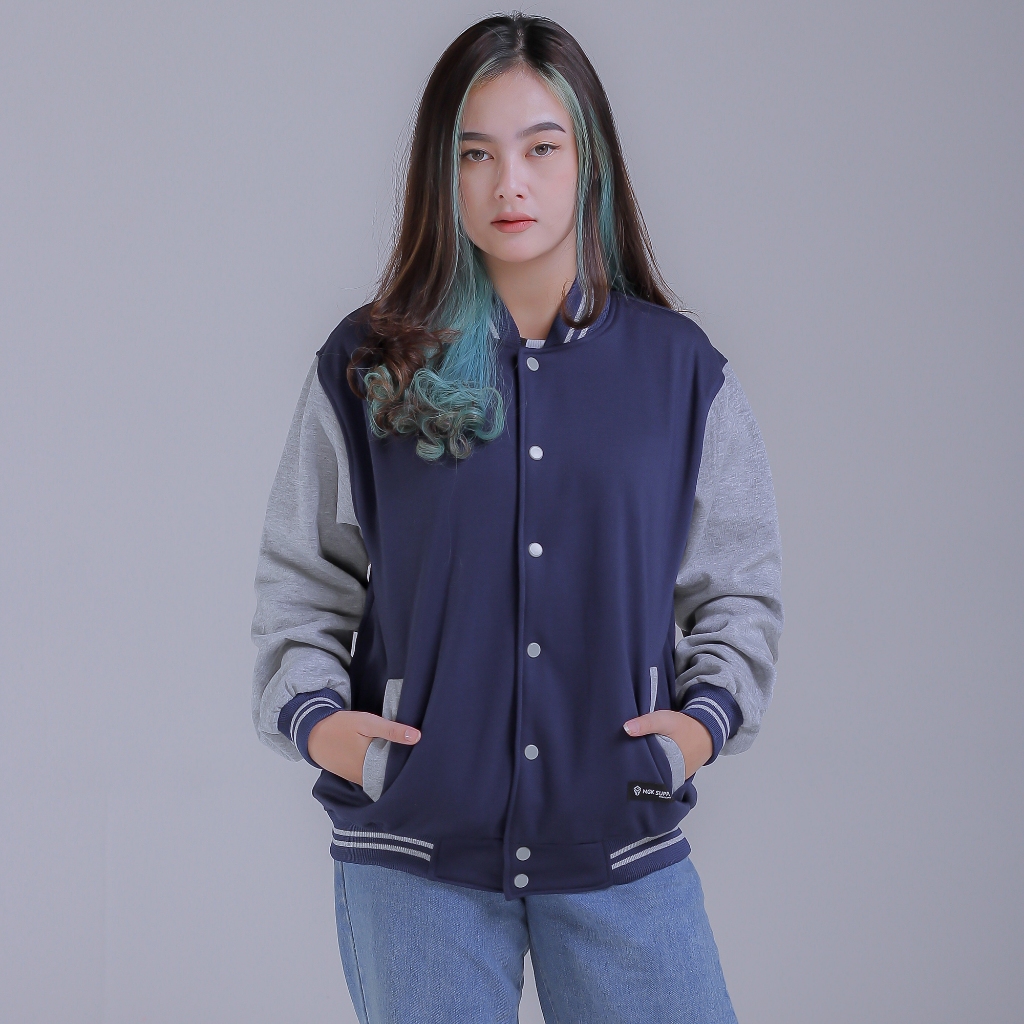 Jaket Wanita Casual Kekinian Tebal Premium Jacket Pria Varsity Baseball Polos Warna Navy