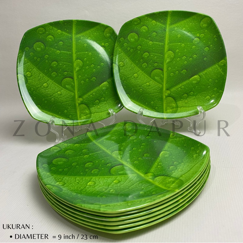 (6 pcs / 1 lusin) - Piring Melamin Persegi Ceper Motif Daun (9 inch), Piring Melamine Motif Daun, Pi