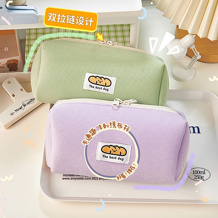 

Essential KENSHO Kotak Pensil Sleting Roti Lucu Bahan Corduroy Motif Polos Plaid Warna Pastel Pencil Case Zipper