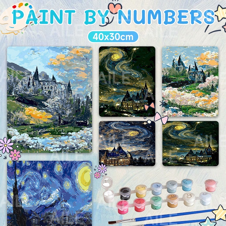 

Kreatif DIY Paint By Numbers Kit 1 Set Number Canvas Board Kanvas Alat Lukis 34CMWith Frame Van Goghs Hogwarts Handmade Hanging Painting