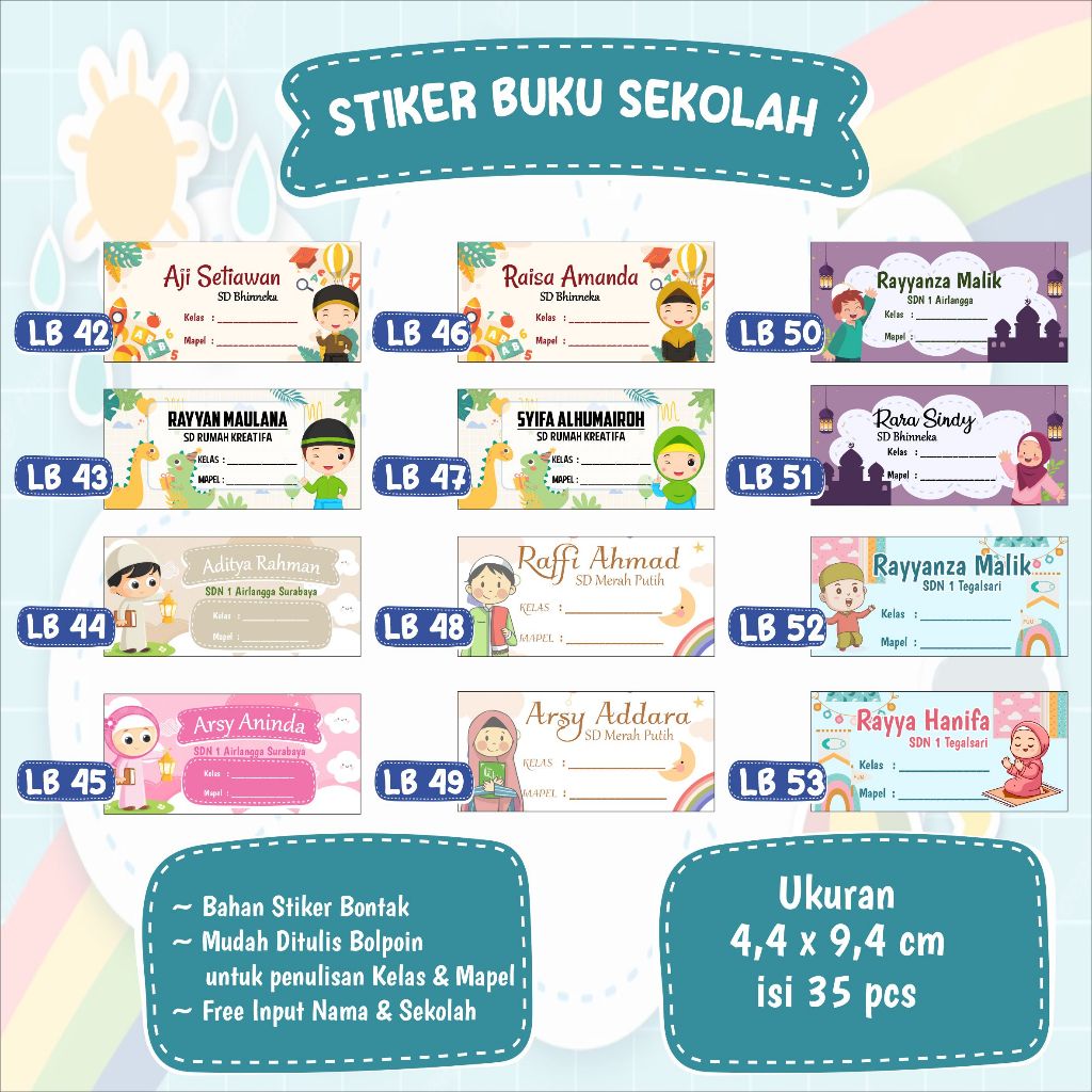 

Isi 35 pcs STIKER CUSTOM NAMA SEKOLAH ANAK ISLAM | LABEL BUKU | STIKER BUKU PELAJARAN SAMPUL KARAKTER LB42