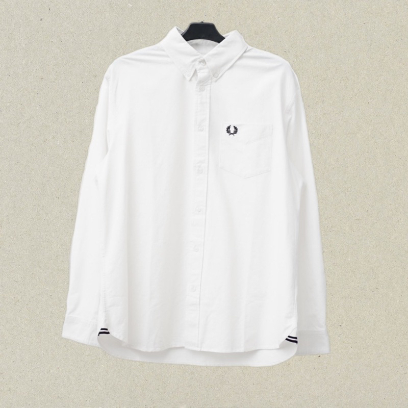 Fred Perry Longsleeve Oxford Shirt in White and Black Kemeja Pria dan Wanita Original