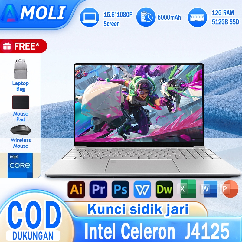 AMOLI 【Fingerprint Laptops】Laptop RAM 12GB + SSD 512GB HD 15.6 inci IPS Intel J4125 Windows11 Laptop