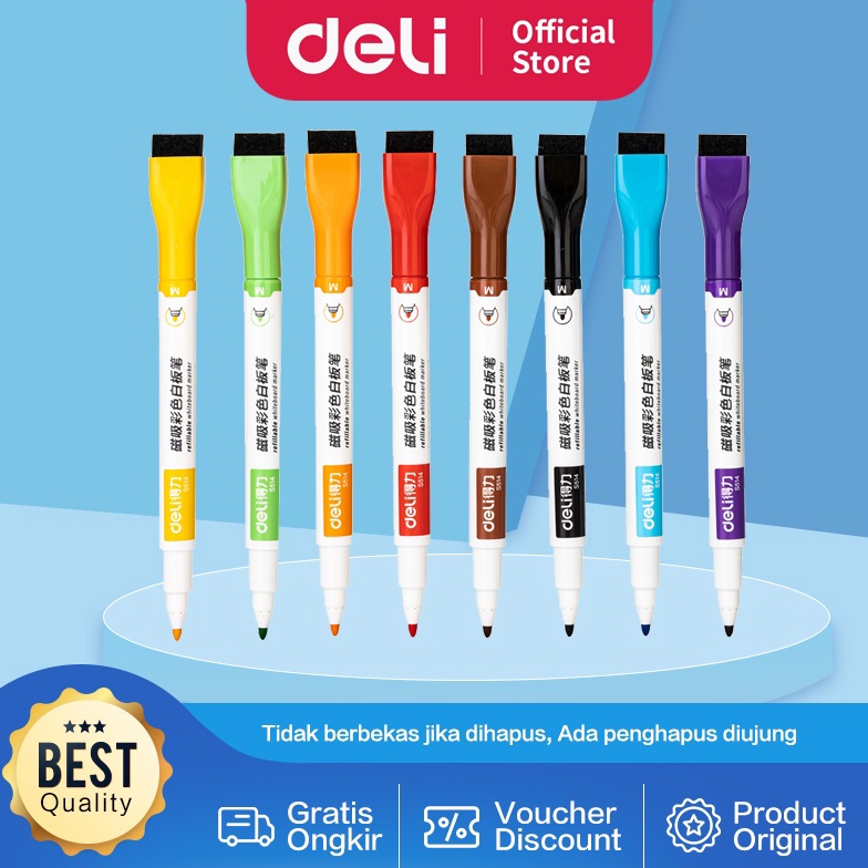 

KODE K54H Deli Color Whiteboard Marker Spidol Papan Tulis 8 warna Ujung Penghapus S514