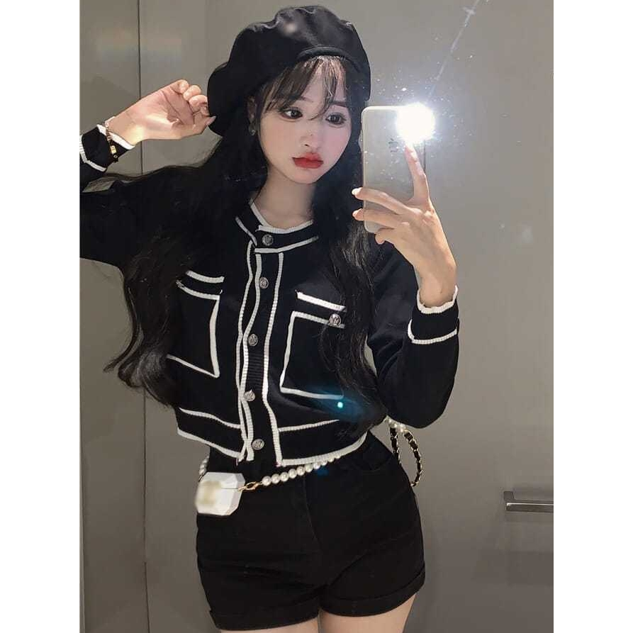 Mine Co Keva Crop Knit Rajut Import Casual Blouse Kantor Bahan Wanita Lengan Panjang putih hitam