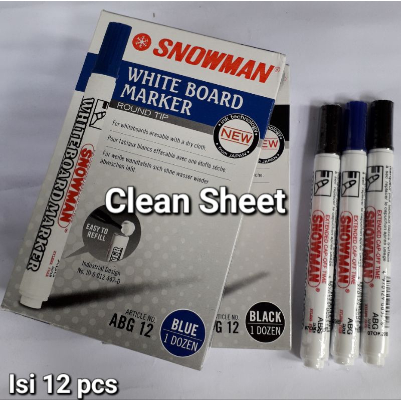 Spidol whiteboard snowman abg 12 hitam(Harga/1 kotak,isi 12 pcs)