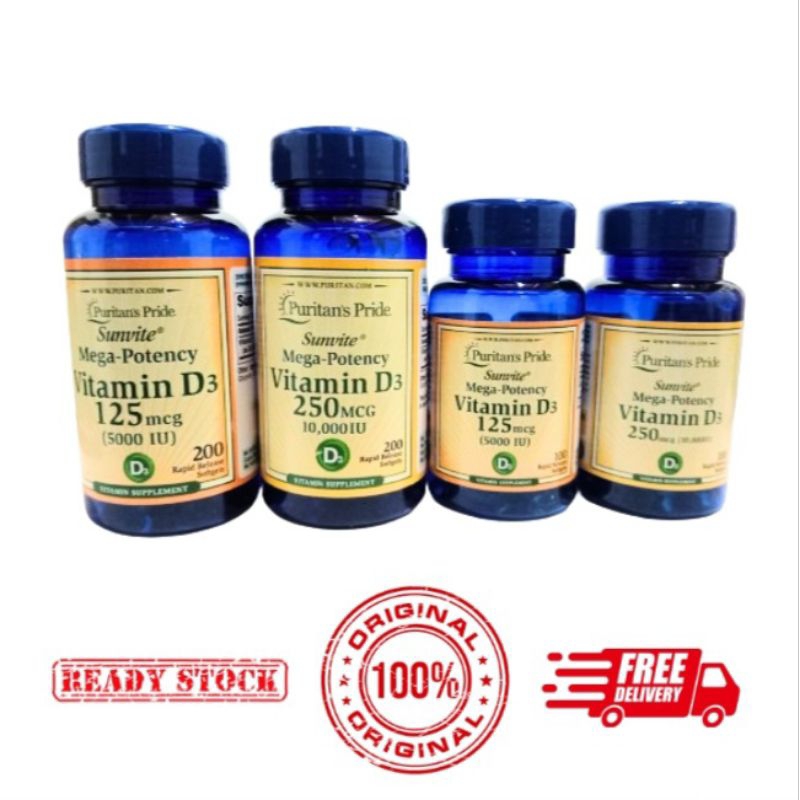 Puritans Pride Vitamin D3 125mcg 5000 IU 250mcg 10000 IU 100 / 200 Softgels Sunvite Mega Potency