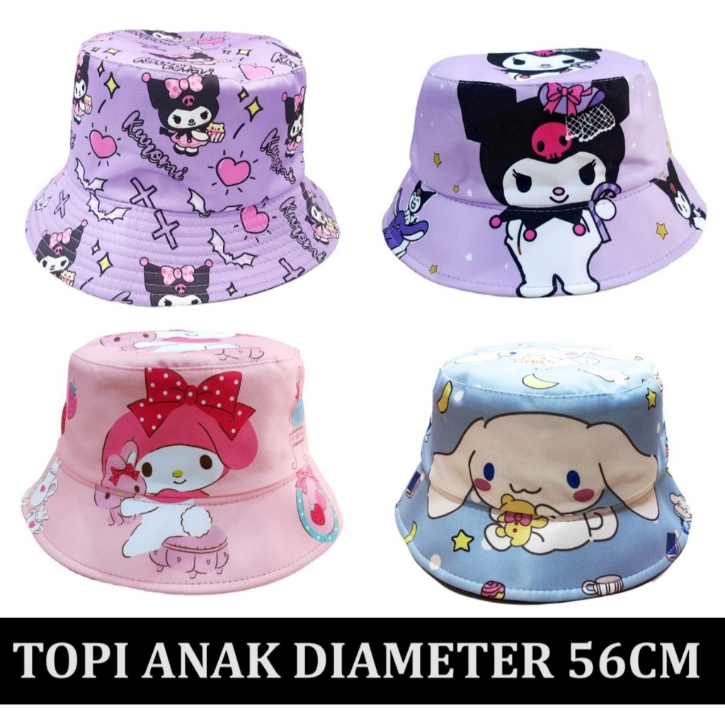 TP04 Topi bundar 2025 model ember anak perempuan cinnamoroll biru ungu kuromi pink my melody motif s