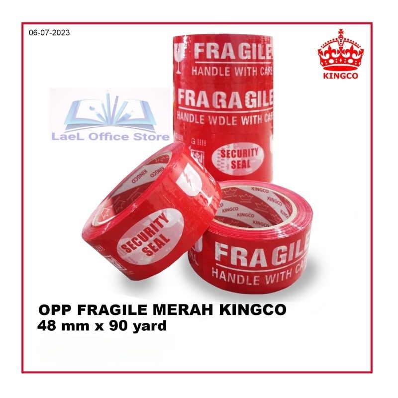 

Isolasi Fragile/ Lakban Fragile/ Fragile Merah/Isolasi Packing /Isolasi paket/Lakban Opp Fragile 48mm x 90yard ukuran asli Kingco