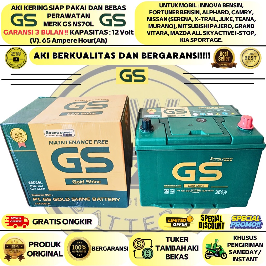 AKI MOBIL CAMRY, ALPHARD, INNOVA BENSIN, NS70L / 65D26L GS MF 12V 65AH