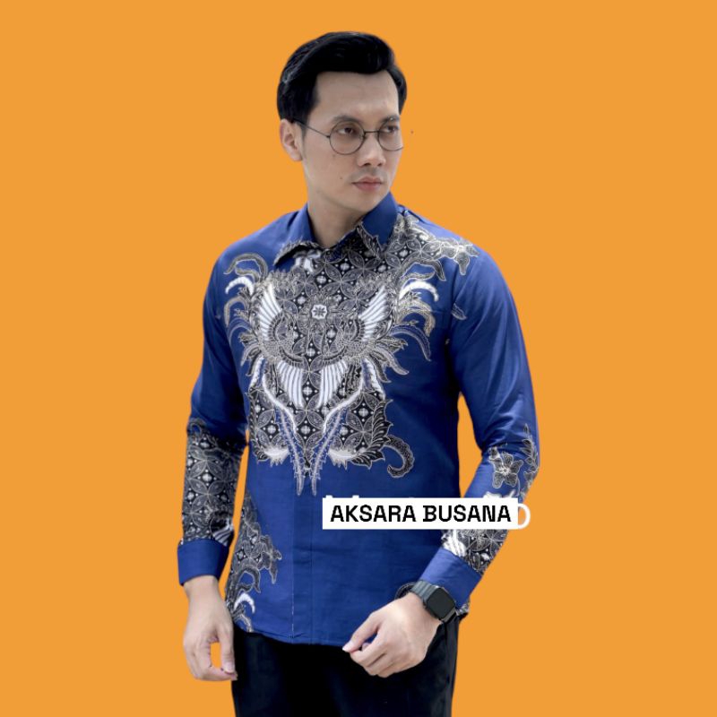 BATIK Pria Nareswara Atasan Baju Kemeja Batik Premium Pria NARESWARI Navy DONGKER slim fit Cowok Lak