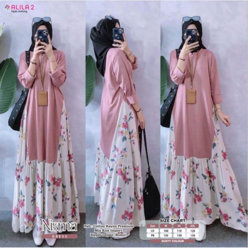 ALILA HIJAB CLOTH - Nisma Dress / Gamis Wanita Motif Bunga Tersedia Size M, XL, XXL