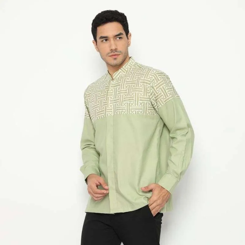 BAJU KOKO PRIA MODERN FATIH INDONESIA HABIBI LENGAN PANJANG SAGE HIJAU