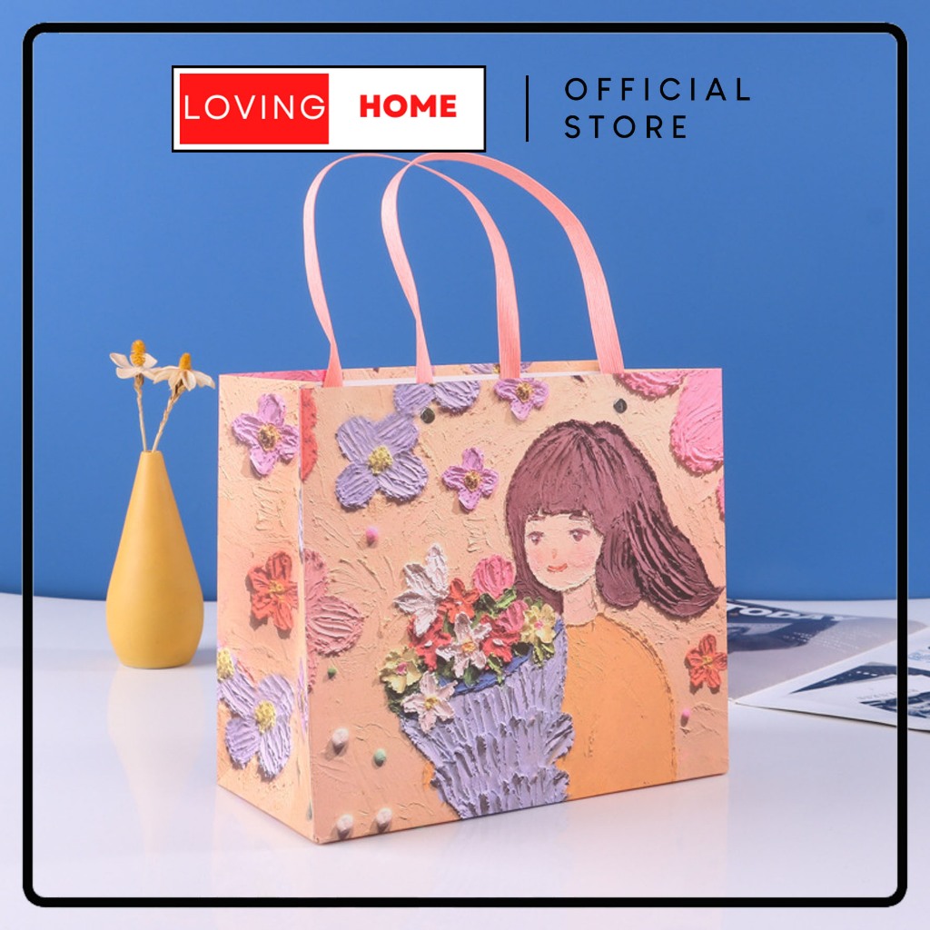 

LOVING HOME - Paper Bag / Kantong Hadiah Motif Cewek Floral Peach Vintage Timbul Dus Gift Box Premium