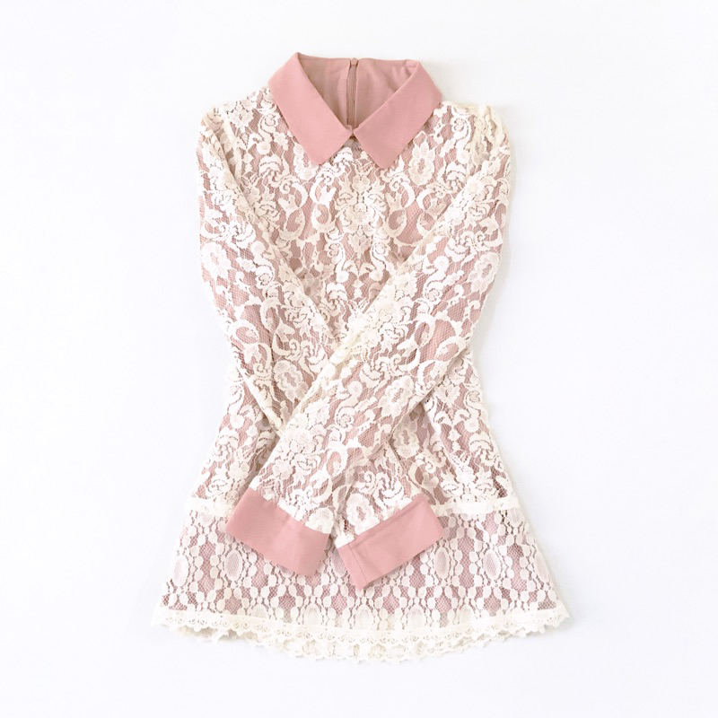 Rose Quartz Long Sleeve Korean Tunic With Pointed Collar & Lace Detail Gaun Lengan Panjang Berkerah 