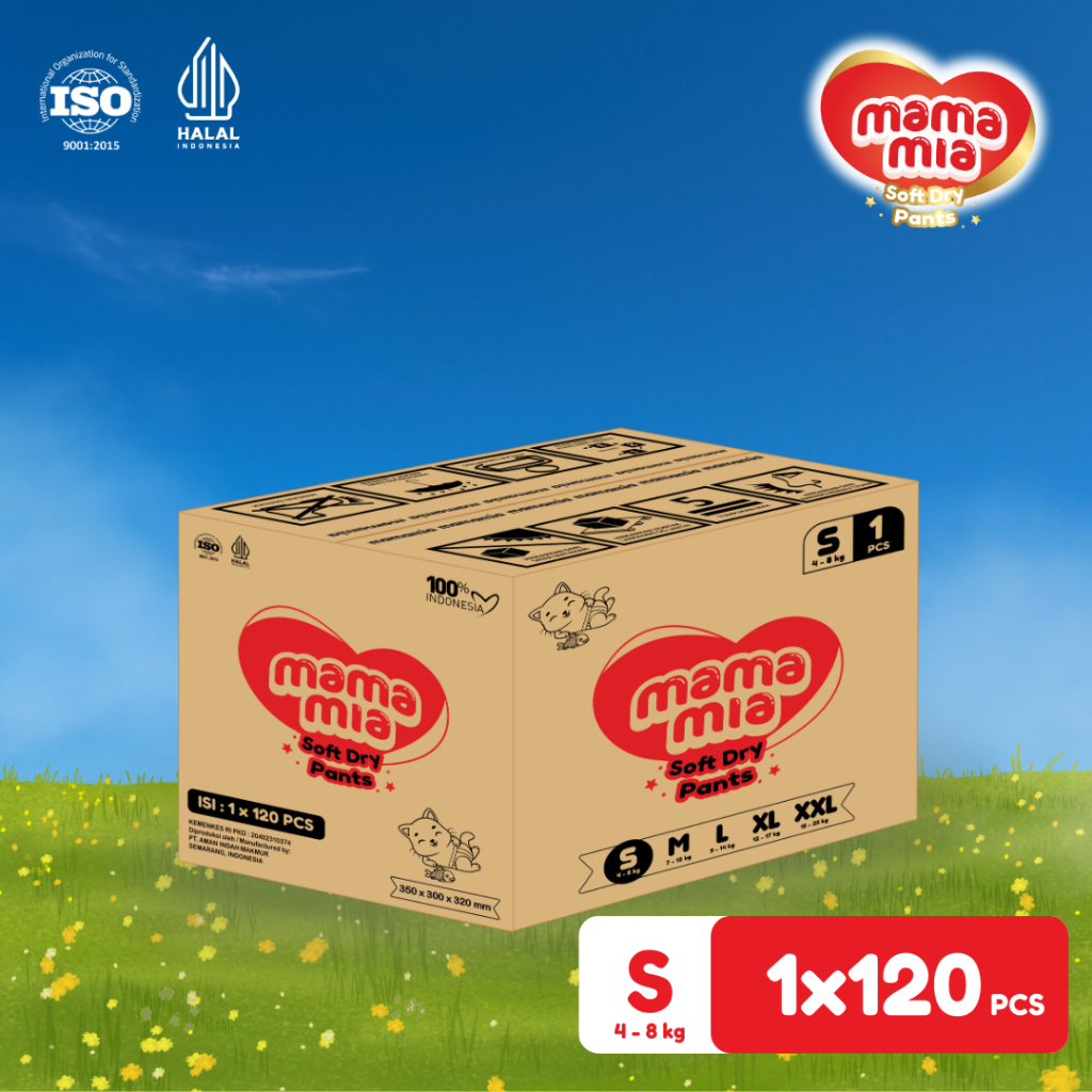 MAMAMIA (Karton Renceng) Popok Bayi Premium Tipe Celana Size S 120 Pcs -  Super Lembut Extra Kering 