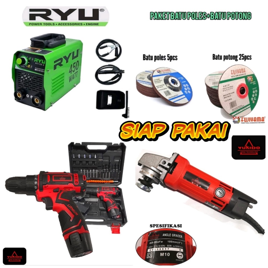 Promo Promo Bisa Cod !!! Paket Hemat 3 Item Mesin Las 450 Watt Ryu 120A Trafo Travo Las + Mesin