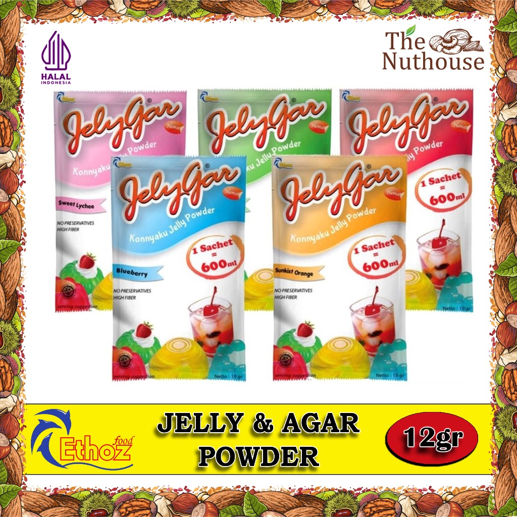 

ETHOZ JELYGAR Jelly & Agar Powder / Jeli Agar Bubuk Rasa Jeruk / Melon / Blueberi / Leci / Stroberi / Plain [Halal]