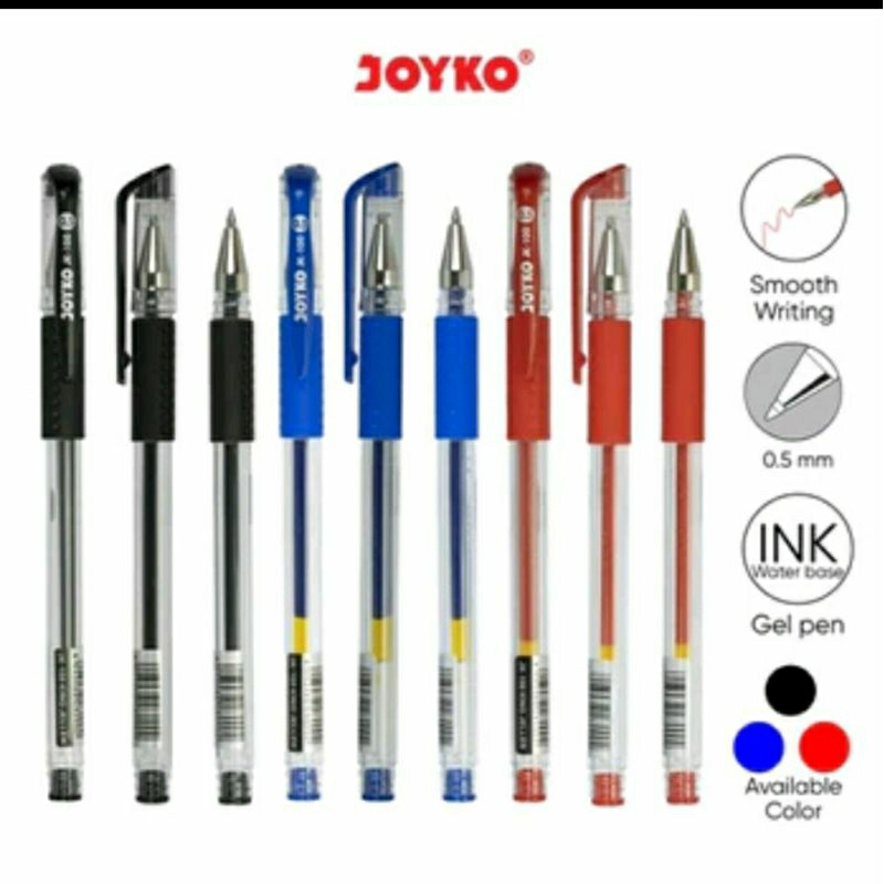 

Pen Gel Pulpen Joyko JK-100 / Ballpoint Pena Gel Joyko Tip 0.5 mm Warna Tinta Hitam Biru Merah / Dijual Satuan