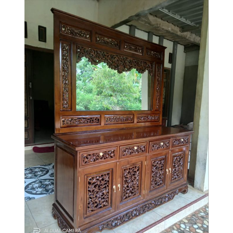 bufet Palembang ukir jepara bufet + figura kaca bufet ruang tamu
