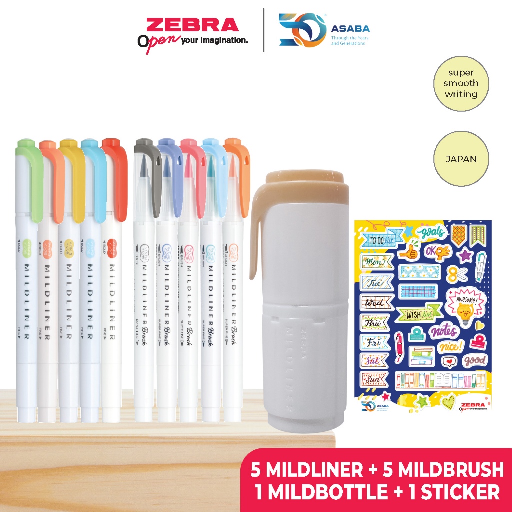 

ZEBRA Paket Alat Tulis 10 Mildliner Mildbrush Highlighter Stabilo Dua Sisi Random Color Spidol Warna