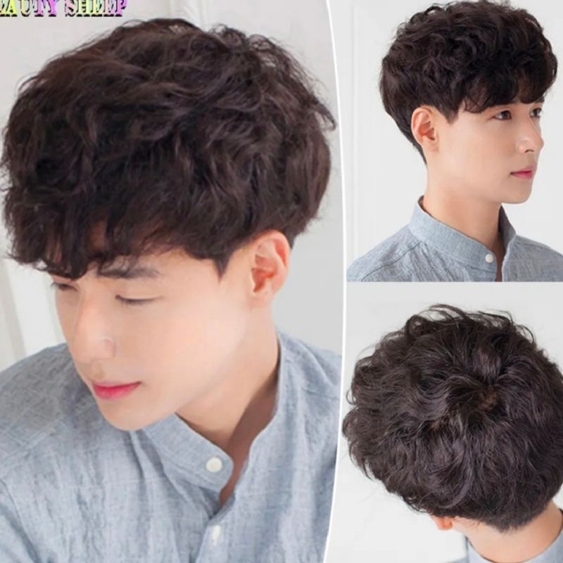 Wig Pria Rambut Pendek Ikal Dengan Poni Ikal Warna Hitam Natural Gaya Remaja Jepang Ganteng