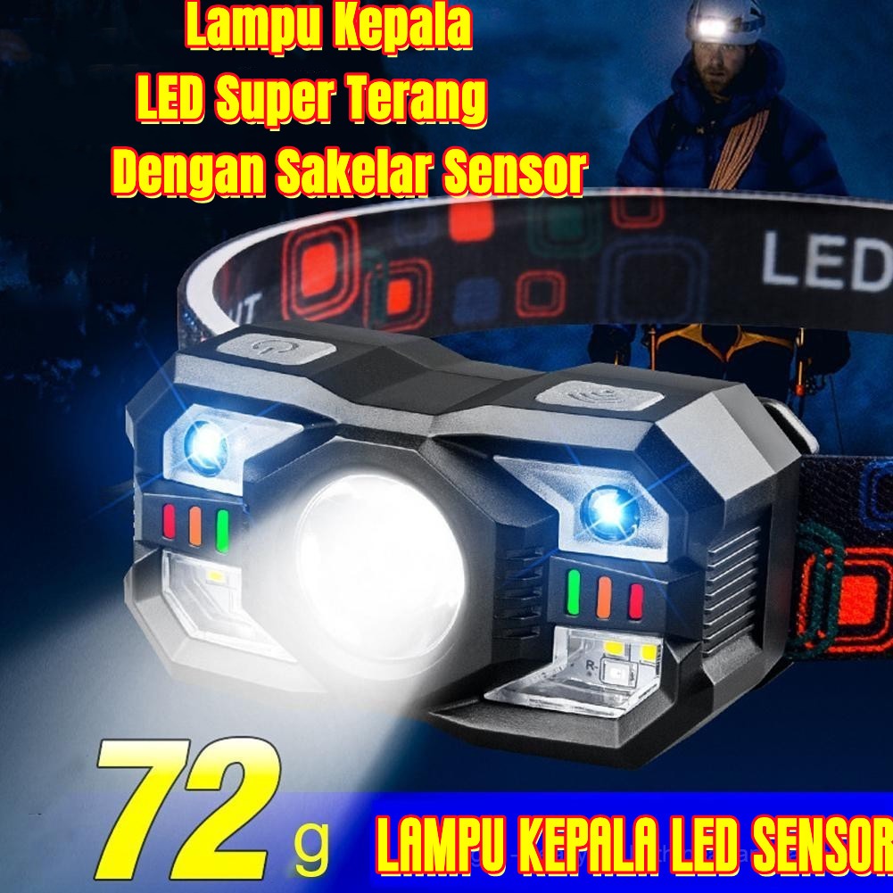 Lampu Kepala LED Super Terang dengan Sakelar Sensor Senter Berkemah Senter Kepala Super Terang