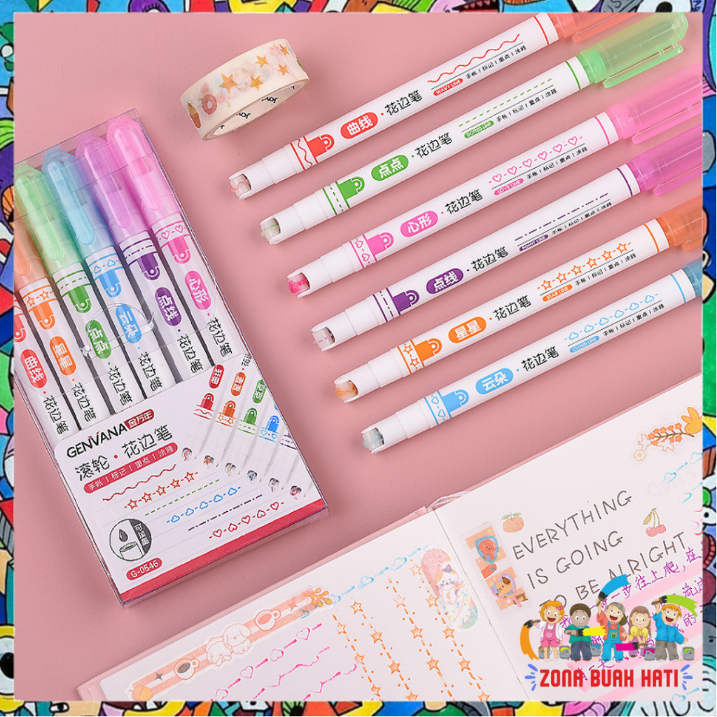 

Ay00! ZBH Spidol Garis Aesthetic Warna Warni Spidol Garis Motif Lucu 1 Set 6 Pcs pulpen roller pen