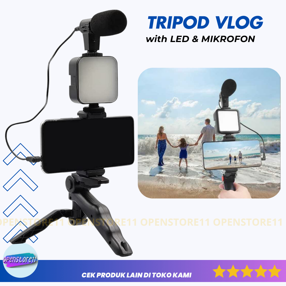 Tripod Vlog Portable with LED Mikrofon Paket Lengkap 3 in 1