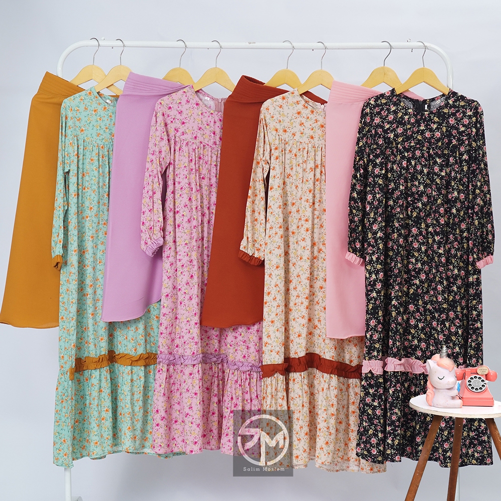 Salim Moslem-Gamis Anak Motif RAYON Bunga Anak Perempuan Set Kerudung 1-12 tahun