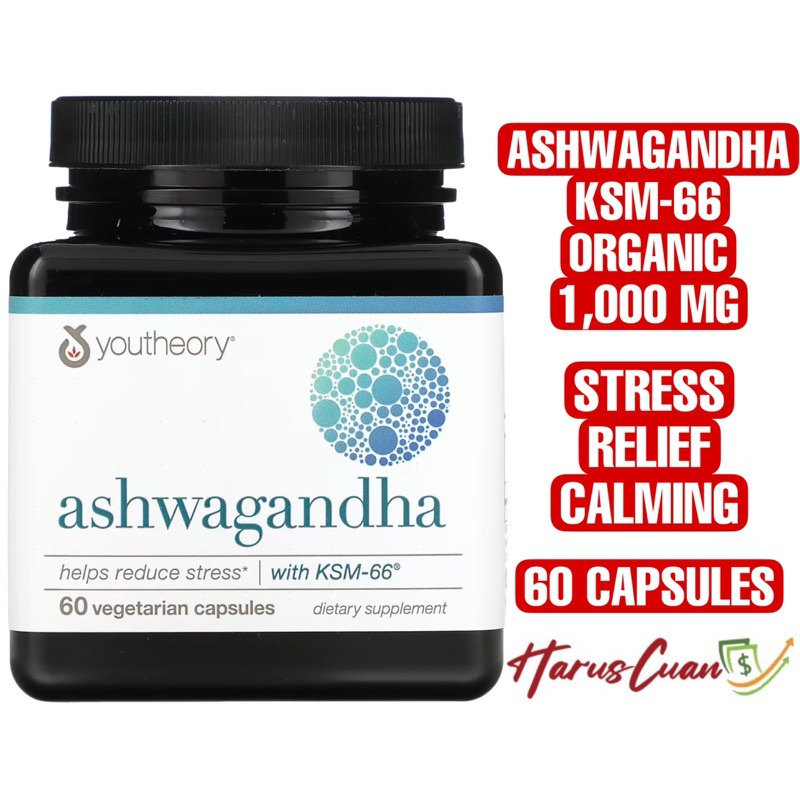 Youtheory Ashwagandha KSM-66 1000 mg 60 Vegetarian Capsules Stress Relief