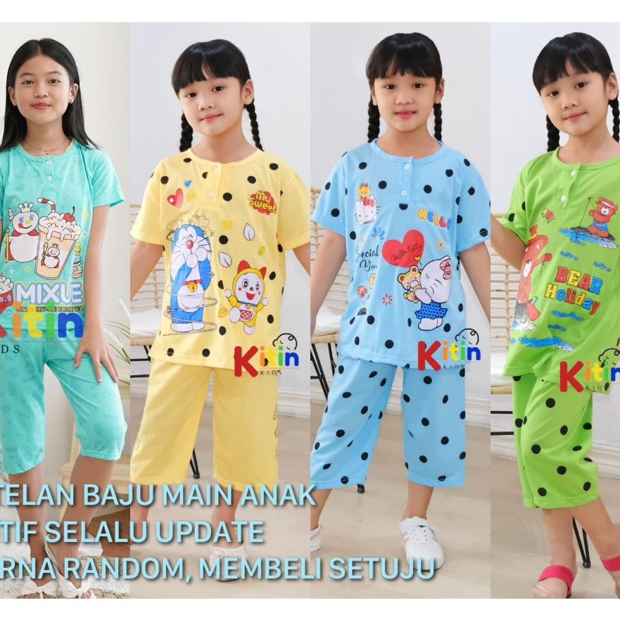 Terjamin VI  SETELAN BAJU MAIN DAN HARIAN ANAK CEWEKPEREMPUAN SABLON MOTIF KITTY DORAEMON BEAR MIXUE